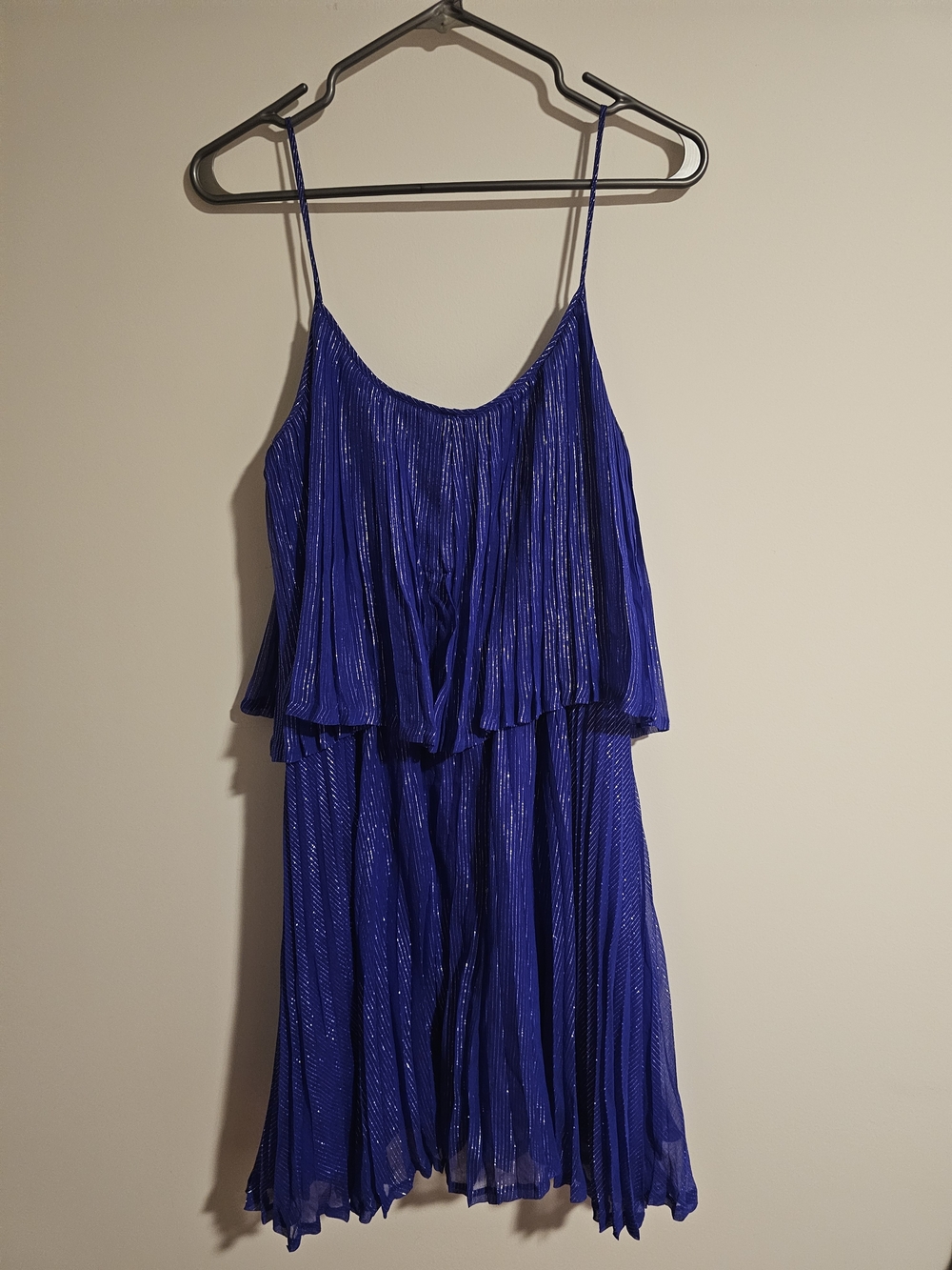Halston Heritage Electric Blue Pleated Layered Spaghetti Strap Dress